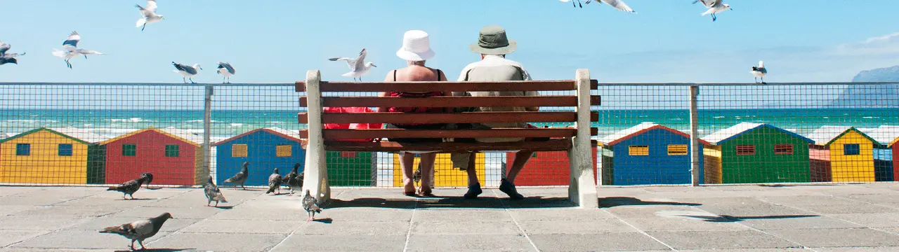 Deux personnes sur un banc face à la mer. Autour d'eux il a des goélands qui volent.